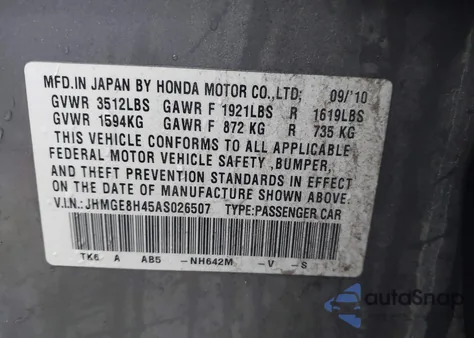 2010 Honda Fit Sport from USA, damaged, VIN JHMGE8H45AS026507